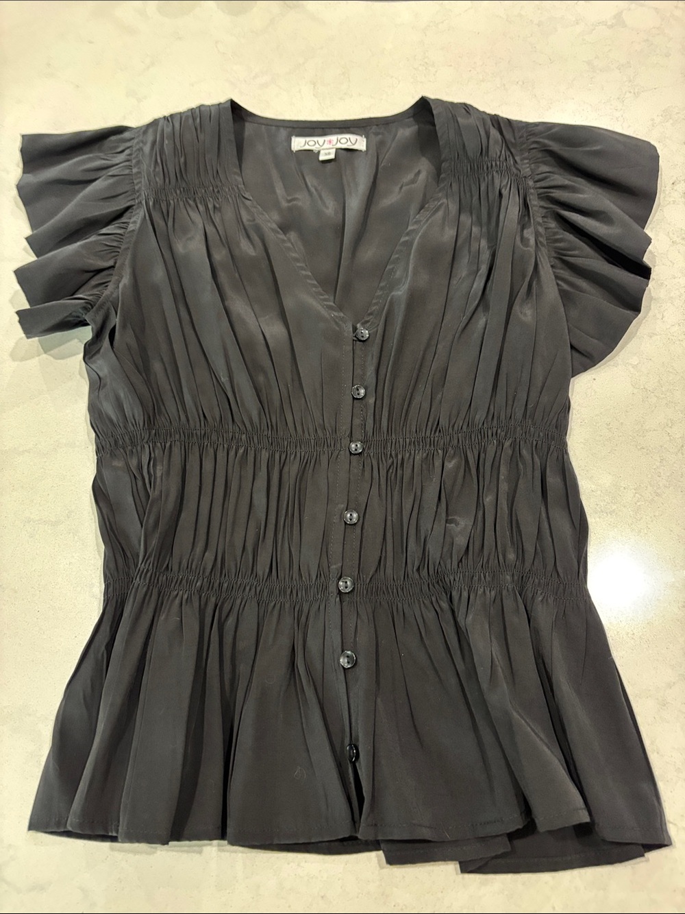Joy Joy Black Ruffle-Smock Button Front Blouse